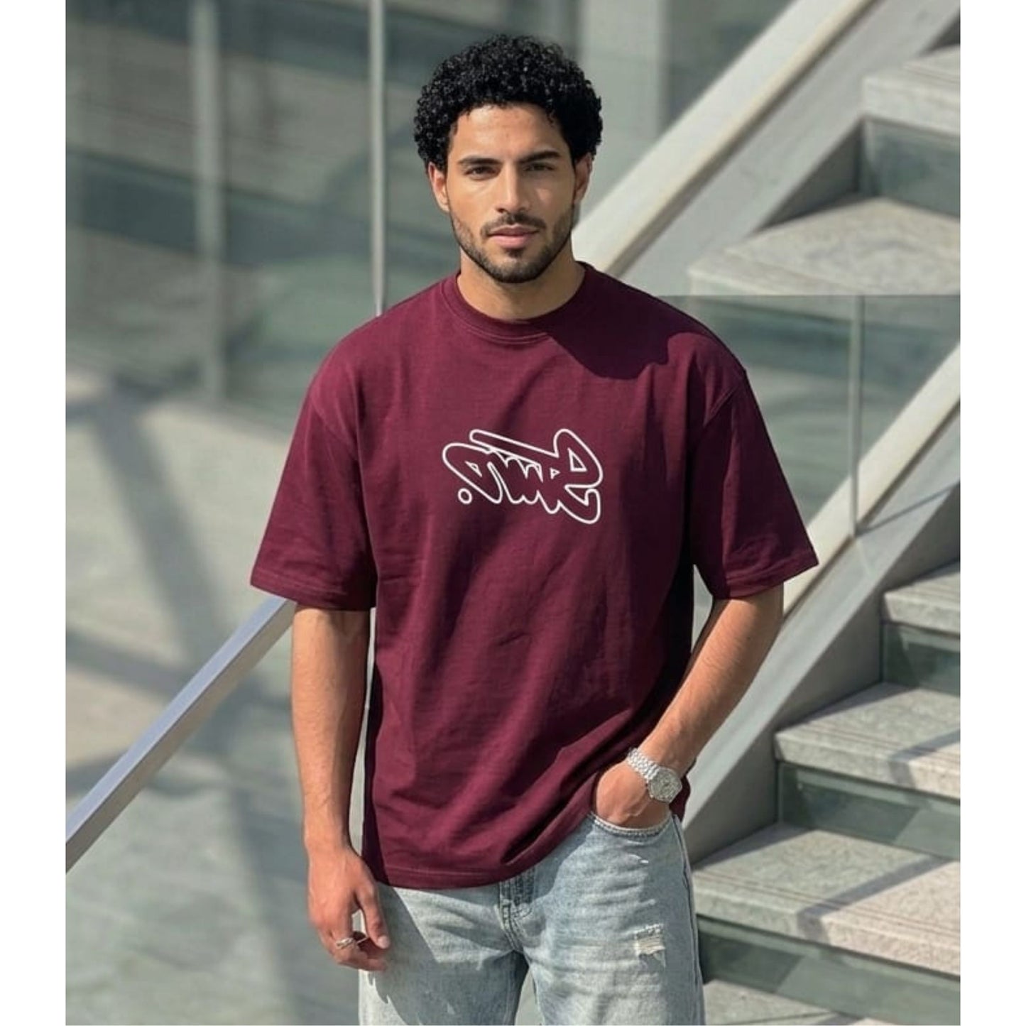 Maroon Graffiti Print Oversized T-shirt